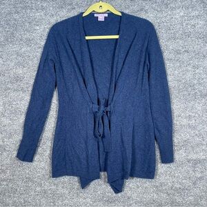 Grainne&Co 3 US Womens Large Navy Blue Tie 100% Cashmere Cardigan Preppy